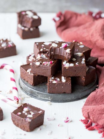 This Easy Chocolate Peppermint Fudge is the perfect, super simple holiday dessert. It's made in just five minutes with only five ingredients, and it's gluten-free, paleo, dairy-free, and vegan. This rich, super chocolatey fudge will melt in your mouth!