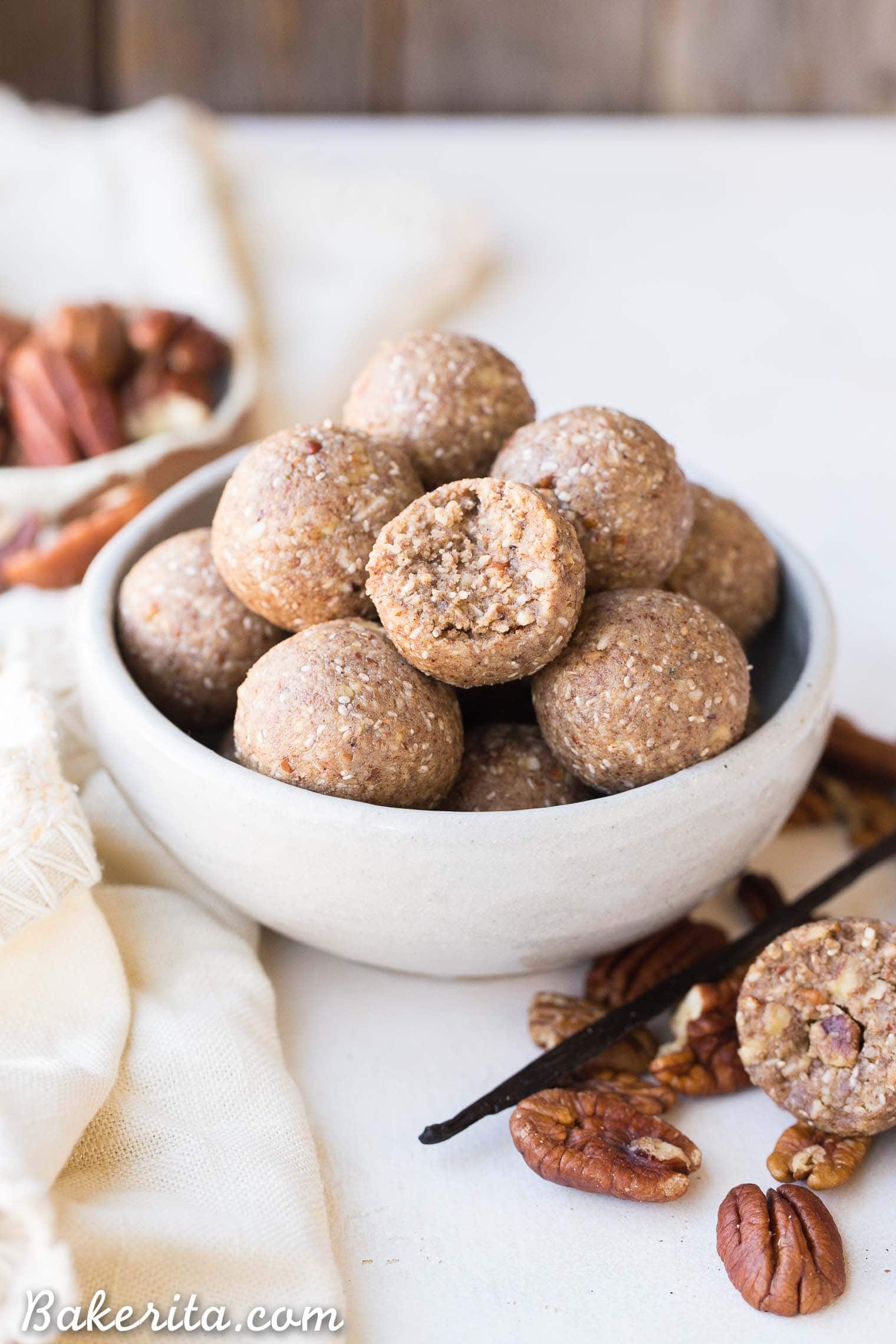 These Pecan Pie Fat Bombs are a super filling nutritional powerhouse, with loads of healthy fats and protein, and no sugar needed! These fat bombs full of vanilla bean and buttery pecans, and they're gluten-free, paleo, vegan, keto, and Whole30-approved.