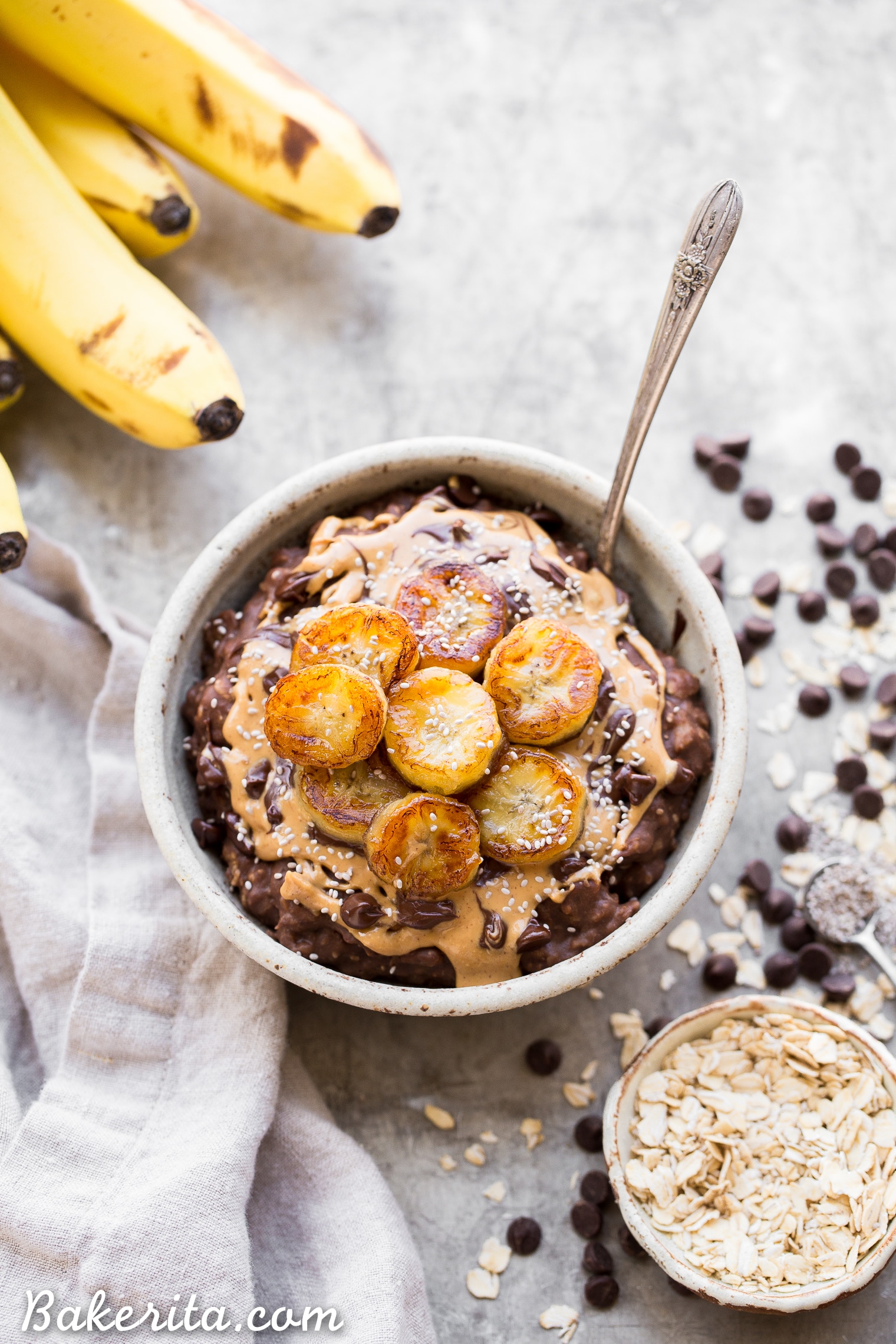 This Chocolate Banana Oatmeal is sweetened with a ripe banana, full of chocolatey flavor, and topped with sweet caramelized bananas! This gluten-free and vegan breakfast has no sugar added and is sure to fill you up and keep you satisfied.