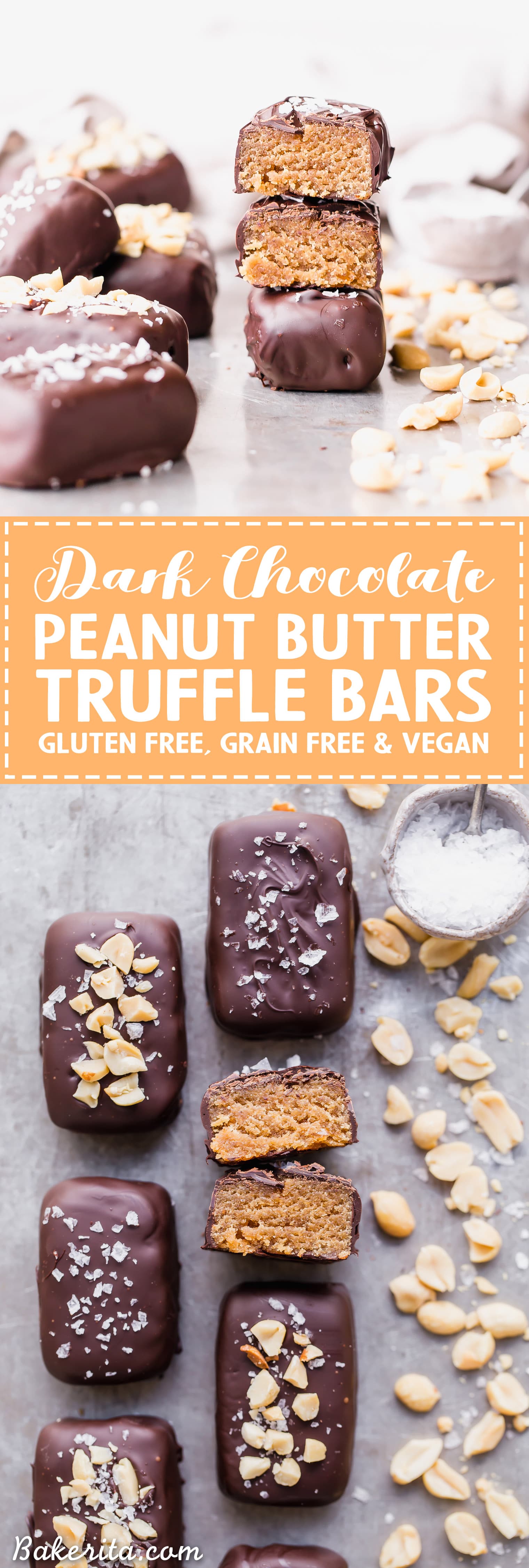 These Dark Chocolate Peanut Butter Truffle Bars are easy to make and SO delicious - these are the perfect healthier candy bar! They're gluten-free and grain-free with a vegan option.
