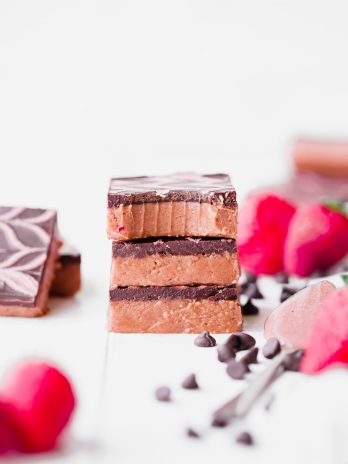 These No Bake Chocolate Strawberry Cashew Butter Bars have a creamy strawberry cashew butter base, topped with dark chocolate and a strawberry drizzle. You only need seven ingredients to make these irresistible gluten-free, paleo and vegan cashew butter bars.