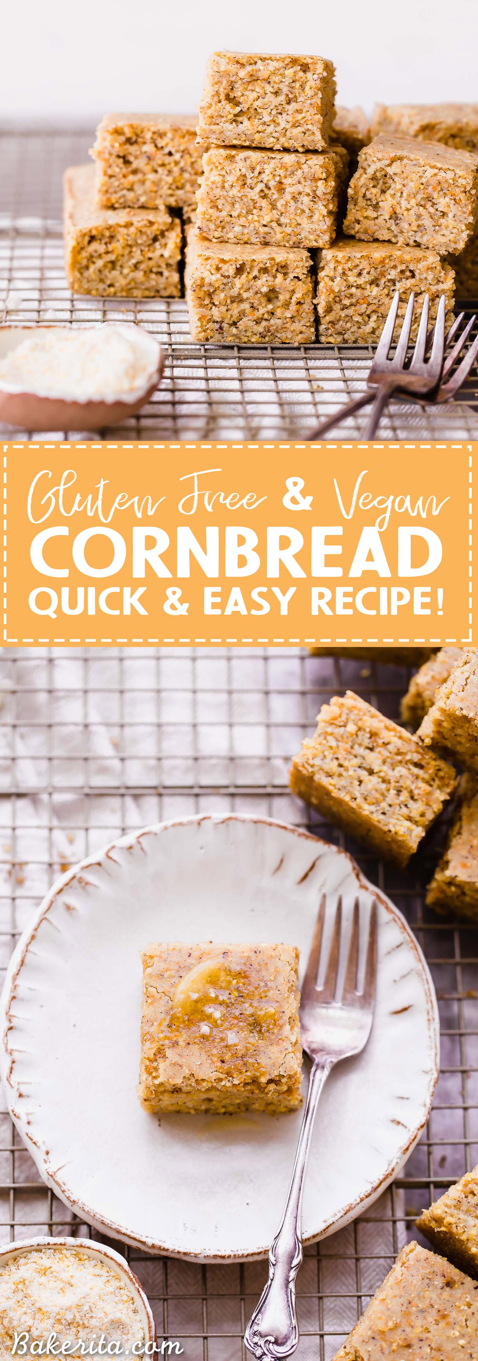 This Gluten Free + Vegan Cornbread is fluffy and light with an amazing texture from the cornmeal! It's perfect served with soup or chili, served as a side or snack, or just topped with a little bit of butter or spread.