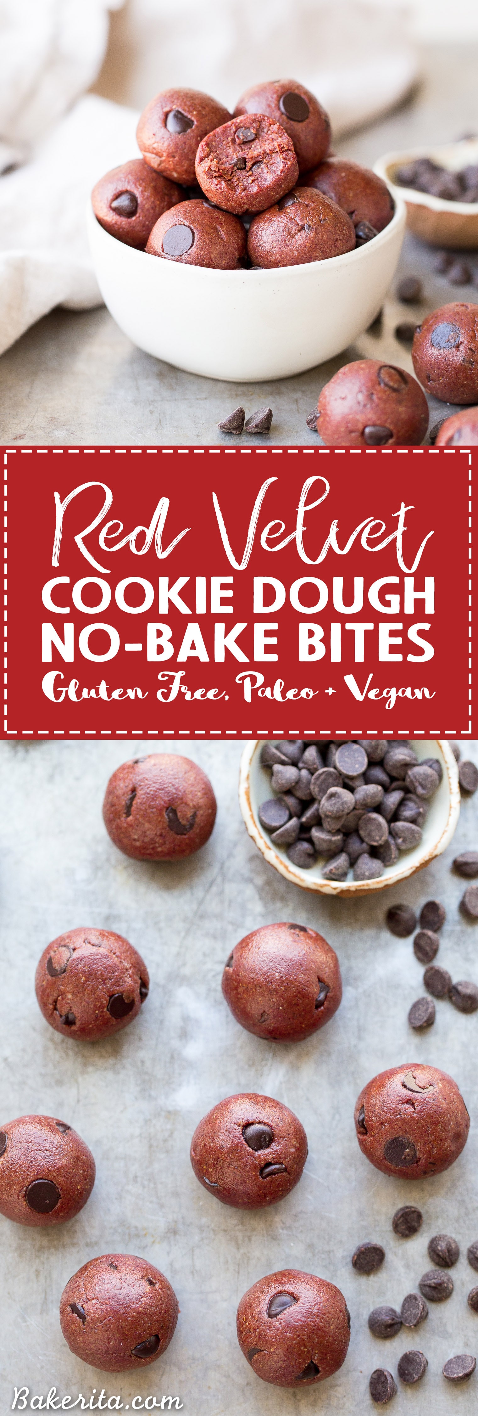 These Red Velvet Cookie Dough Bites are the perfect quick & easy snack or dessert! These gluten-free, paleo and vegan cookie dough bites are naturally tinted with a healthy superfood beet powder.