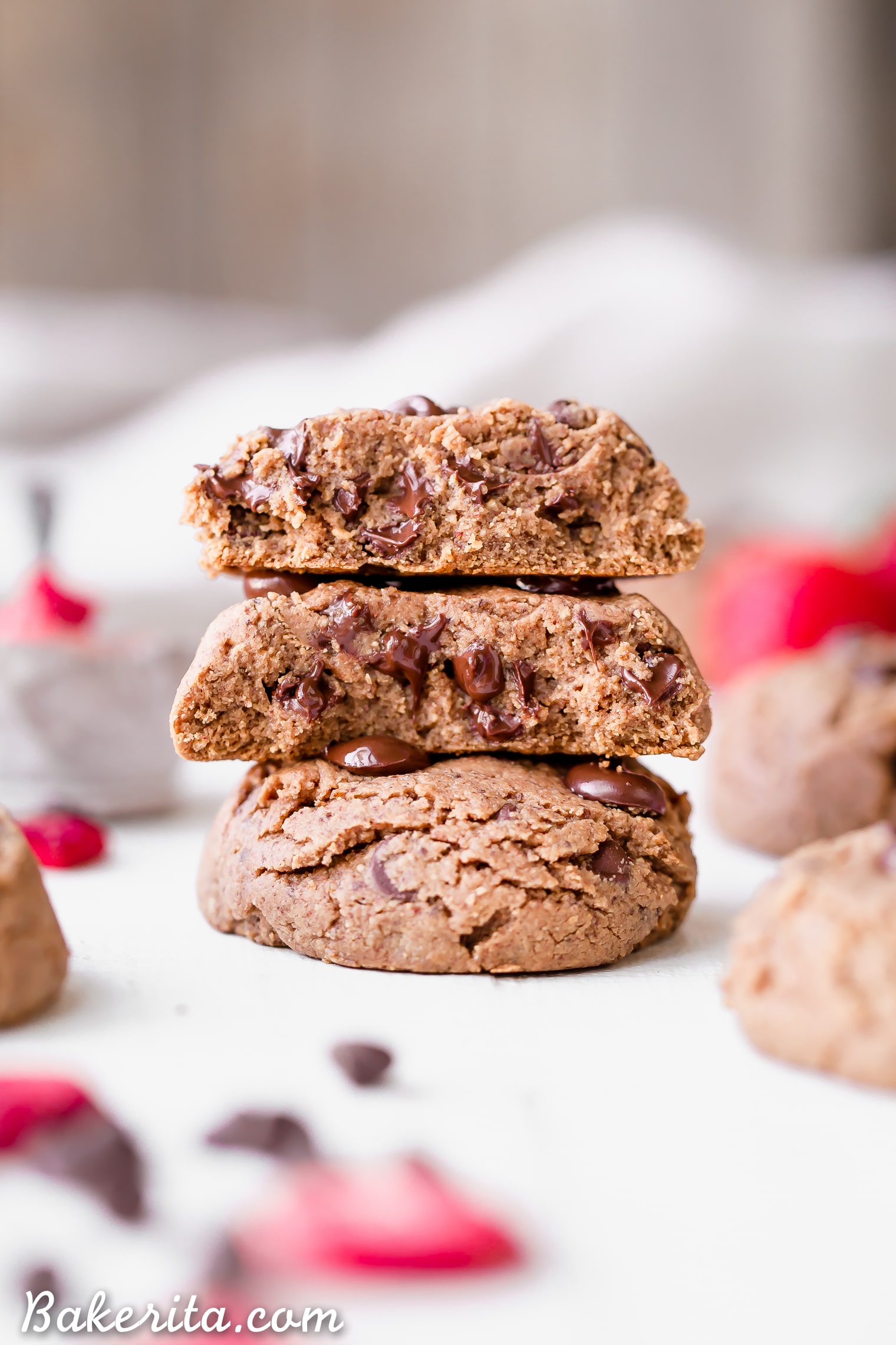 These Flourless Strawberry Chocolate Chip Cookies are thick, gooey and SO delicious, with a fruity strawberry flavor and melty chocolate chips. They're gluten-free, paleo, and vegan, and made with just six ingredients!