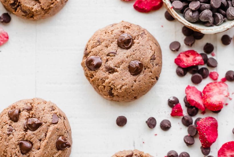 These Flourless Strawberry Chocolate Chip Cookies are thick and super rich, with a fruity strawberry flavor and melty chocolate chips. They're gluten-free, paleo, and vegan, and made with just six ingredients!