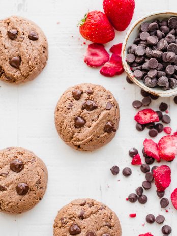 These Flourless Strawberry Chocolate Chip Cookies are thick and super rich, with a fruity strawberry flavor and melty chocolate chips. They're gluten-free, paleo, and vegan, and made with just six ingredients!