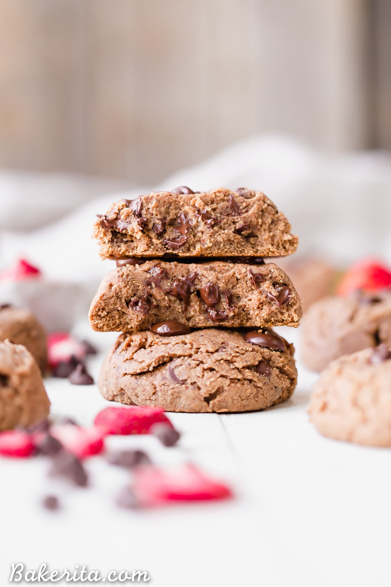 These Flourless Strawberry Chocolate Chip Cookies are thick, gooey and SO delicious, with a fruity strawberry flavor and melty chocolate chips. They're gluten-free, paleo, and vegan, and made with just six ingredients!