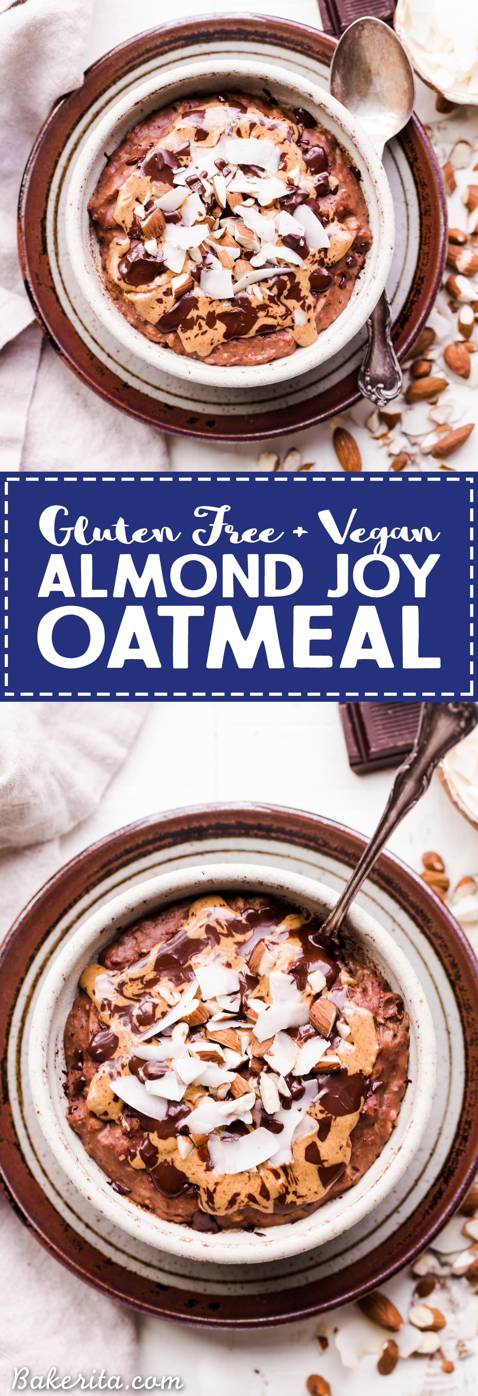 This Almond Joy Oatmeal is a creamy chocolate oatmeal that's sweetened with just a ripe banana and topped with coconut, almonds, and more chocolate! This hearty breakfast is decadent, filling, and you can enjoy it guilt free - unlike its candy bar equivalent!