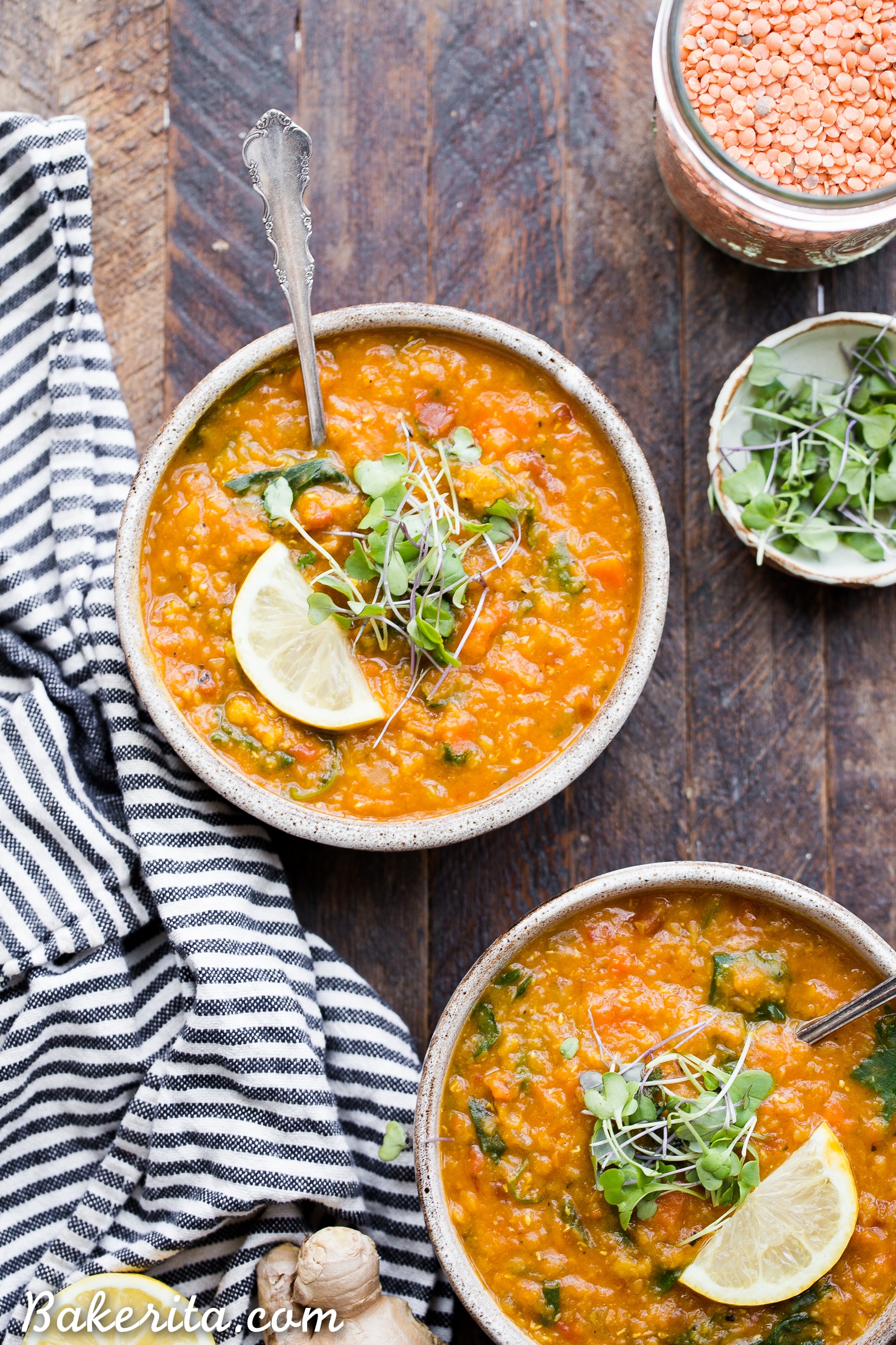 This spiced Vegan Red Lentil Soup is a warm, comforting meal that comes together in just 45 minutes. It's full of flavor from ginger, garlic, and spices, with a luxuriously rich texture. It's perfect with a squeeze of lemon to brighten things up!