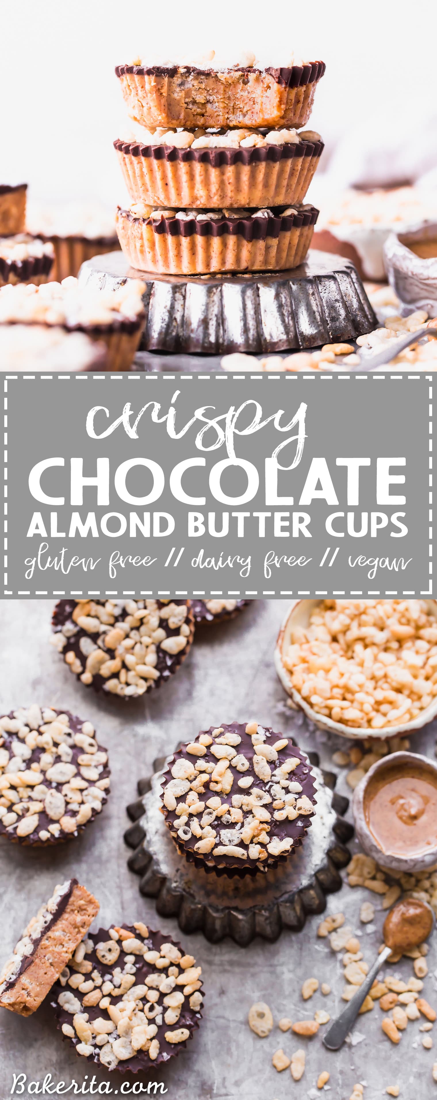 These No-Bake Crispy Chocolate Almond Butter Cups are rich, decadent, and so delicious, with a crispy almond butter layer topped with dark chocolate. The crisp comes from crispy brown rice cereal! You'd never guess these almond butter cups were gluten-free, refined sugar-free, and vegan. 