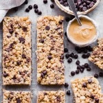These Peanut Butter Chocolate Chip Chewy Bars will bring you right back to your favorite childhood snack! This homemade, no-bake version is way more delicious with a short and simple ingredients list. They're gluten-free and vegan, too!