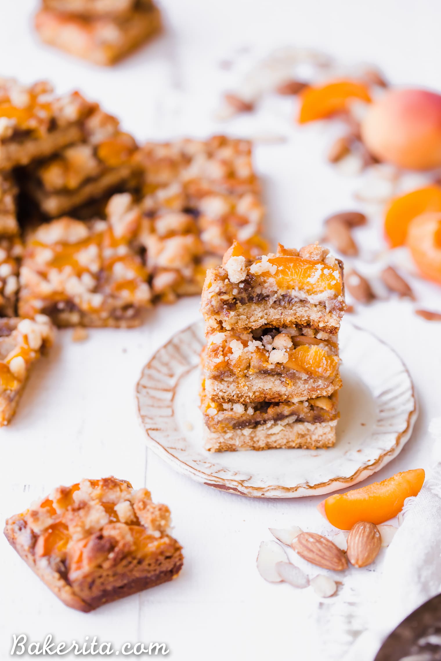 In these Apricot Frangipane Bars, apricots and almonds come together in the most delightful way - the shortbread crust is topped with an almond frangipane filling and topped with fresh, juicy apricots. These gluten-free, paleo, and vegan bars are irresistibly delicious. You can customize them with your favorite stone fruit, too!