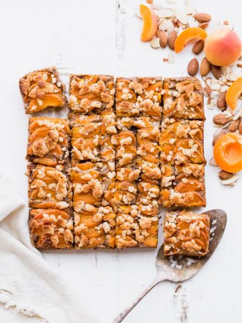 In these Apricot Frangipane Bars, apricots and almonds come together in the most delightful way - the shortbread crust is topped with an almond frangipane filling and topped with fresh, juicy apricots. These gluten-free, paleo, and vegan bars are irresistibly delicious. You can customize them with your favorite stone fruit, too!