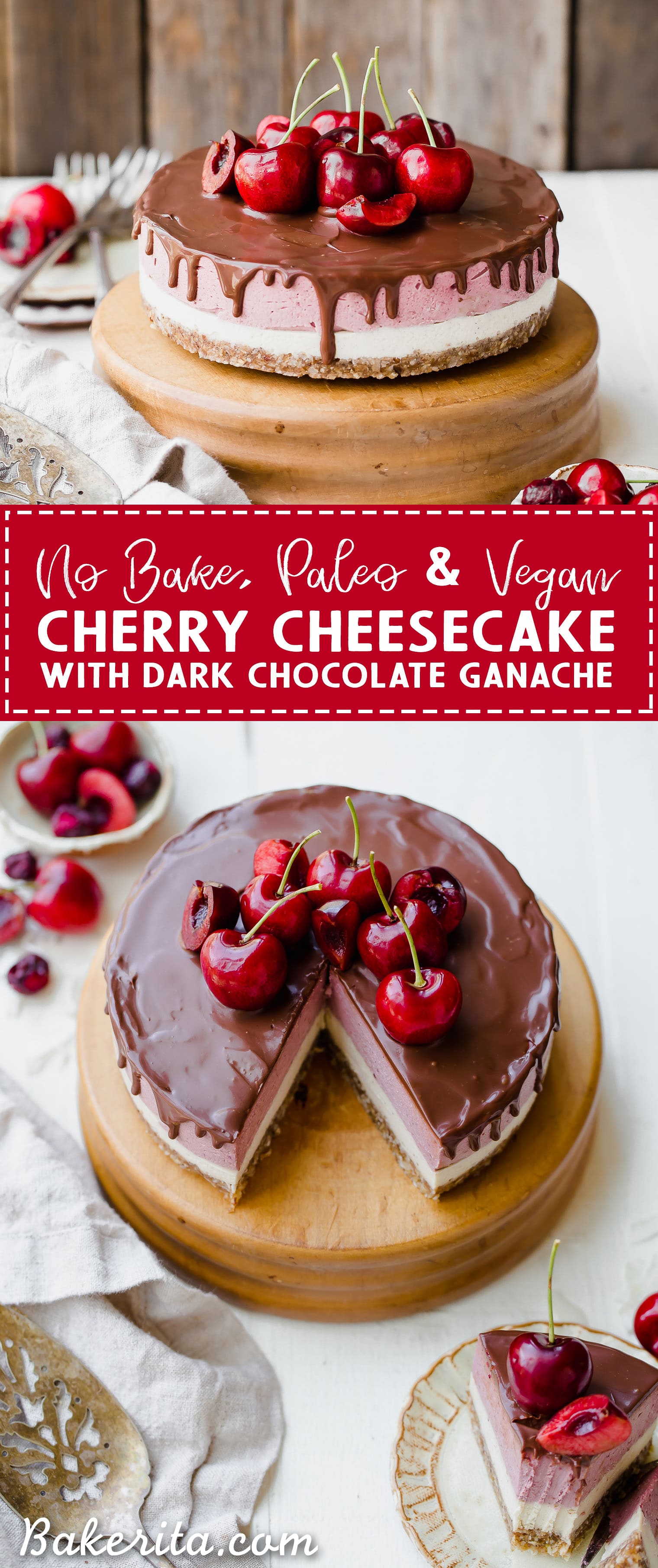 This No Bake Cherry Cheesecake has a pecan coconut crust, a layer of creamy vanilla bean cheesecake, topped by a layer of vibrant cherry cheesecake. Vegan dark chocolate ganache is spread all over the top! You'll go crazy for this gluten-free, paleo, and vegan treat.