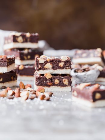 These Mocha Almond Fudge Bars are incredibly rich and delicious, with a chocolate-coffee fudge studded with crunchy almonds, all sitting on top of a simple shortbread crust. These gluten-free, paleo and vegan fudge bars are irresistible!