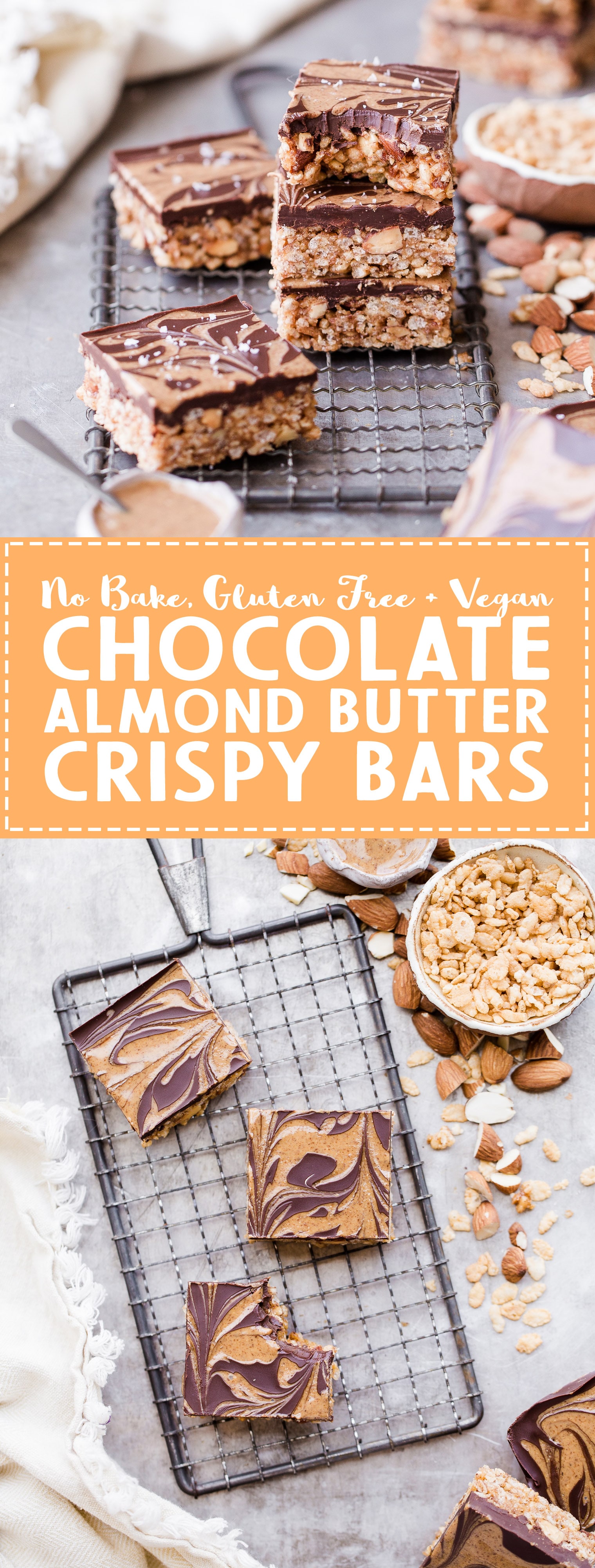 These Chocolate Almond Butter Crispy Bars are crunchy, rich, and absolutely delicious! There is no baking necessary so they're super quick and simple to make with only 7 ingredients.