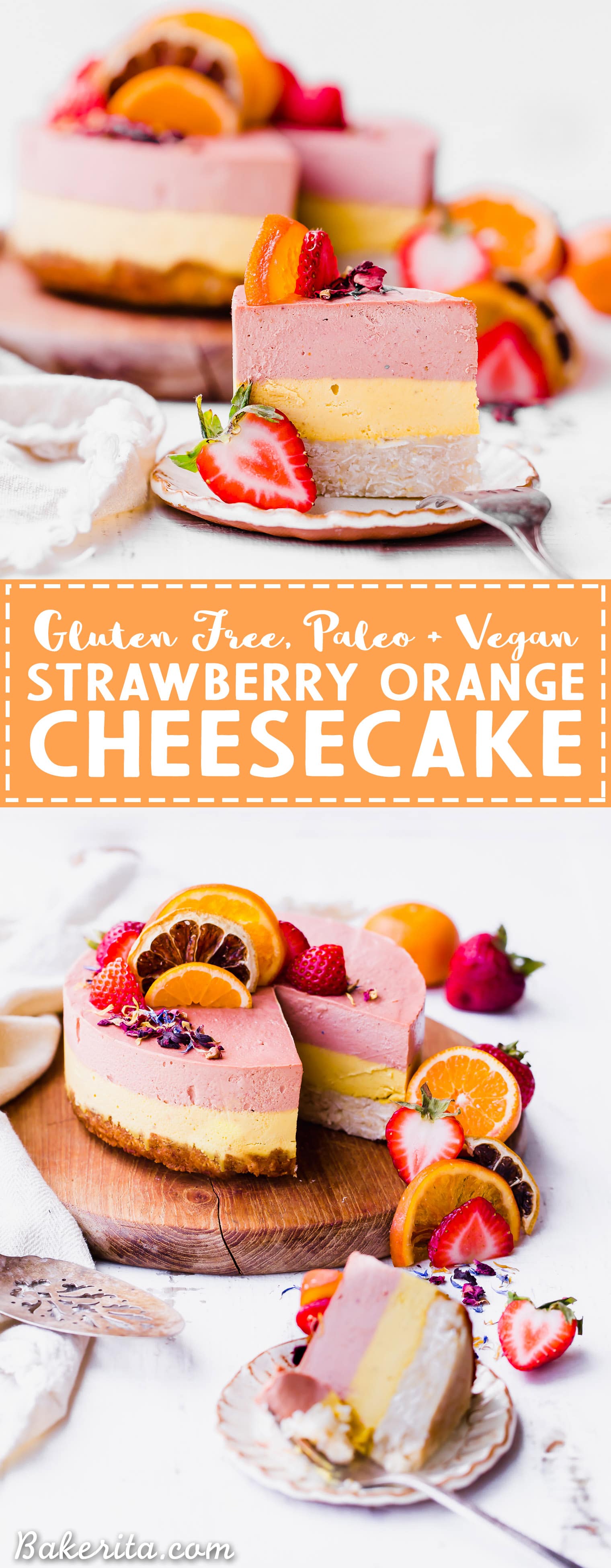 This Strawberry Orange Cheesecake with Coconut Crust is not just beautiful, but it's bright in flavor and absolutely delicious! The lemony coconut macaroon crust is perfect with the strawberry and orange flavors. You're going to adore this gluten-free, paleo and vegan cheesecake.