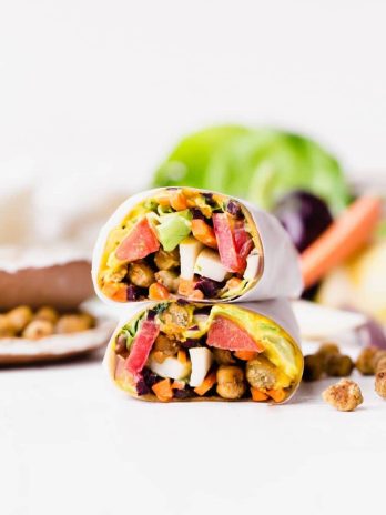 These Roasted Chickpea Veggie Wraps are a delicious gluten-free and vegan lunch or dinner that you can make ahead of time. They have a wonderful Turmeric Hummus spread inside and a Tahini Dressing/Dipping Sauce to serve with!