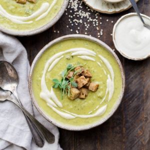 This Creamy Broccoli Quinoa Soup is thickened with cashews and swirled with an easy cashew cream sauce. It's rich and filling thanks to the quinoa and cashews and bright from a squeeze of fresh lemon juice. You'll love this gluten-free and vegan soup on these chillier days!