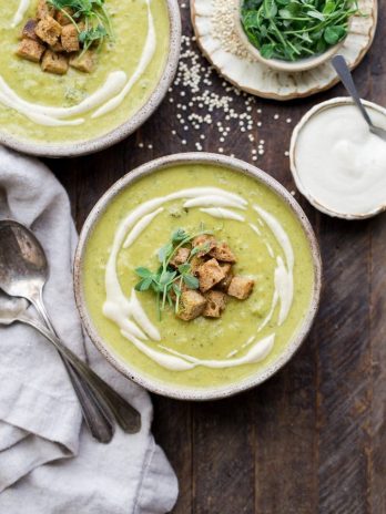 This Creamy Broccoli Quinoa Soup is thickened with cashews and swirled with an easy cashew cream sauce. It's rich and filling thanks to the quinoa and cashews and bright from a squeeze of fresh lemon juice. You'll love this gluten-free and vegan soup on these chillier days!