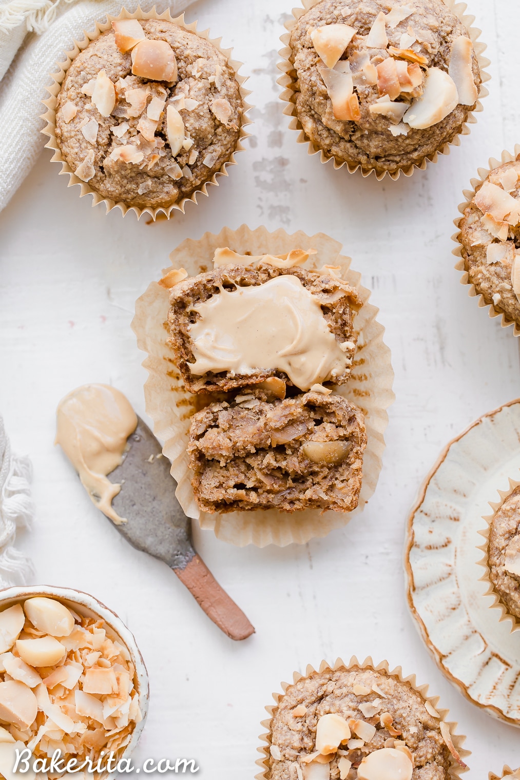 These Macadamia Nut Coconut Banana Muffins are tender, moist, and perfectly sweet for breakfast. Slathered with a little jam or nut butter, these gluten-free and vegan banana muffins make a wonderful snack or breakfast that will keep you satiated for hours.