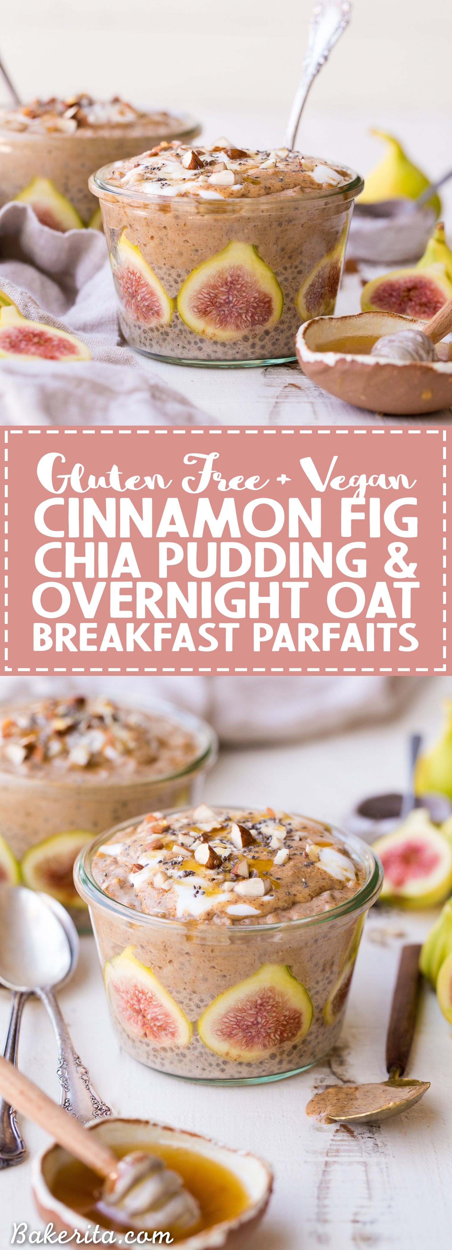 These Cinnamon Fig Chia Pudding & Overnight Oat Breakfast Parfaits are a delicious make-ahead breakfast that you'll love to have ready to go in your freezer! The fresh figs are such a scrumptious and beautiful treat in this gluten-free, refined sugar-free, and vegan breakfast.