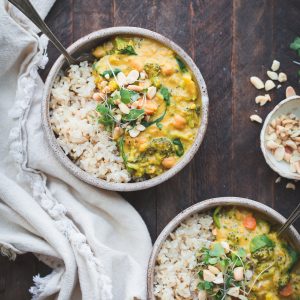 This Broccoli Chickpea Curry is a dinner staple that's so quick and easy to make! It's loaded with veggies and protein and has a secret ingredient to make it extra rich + creamy. It's gluten-free and vegan, too.
