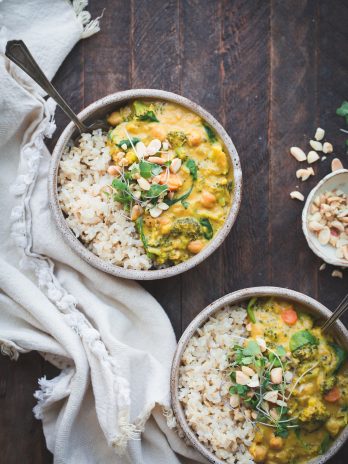 This Broccoli Chickpea Curry is a dinner staple that's so quick and easy to make! It's loaded with veggies and protein and has a secret ingredient to make it extra rich + creamy. It's gluten-free and vegan, too.