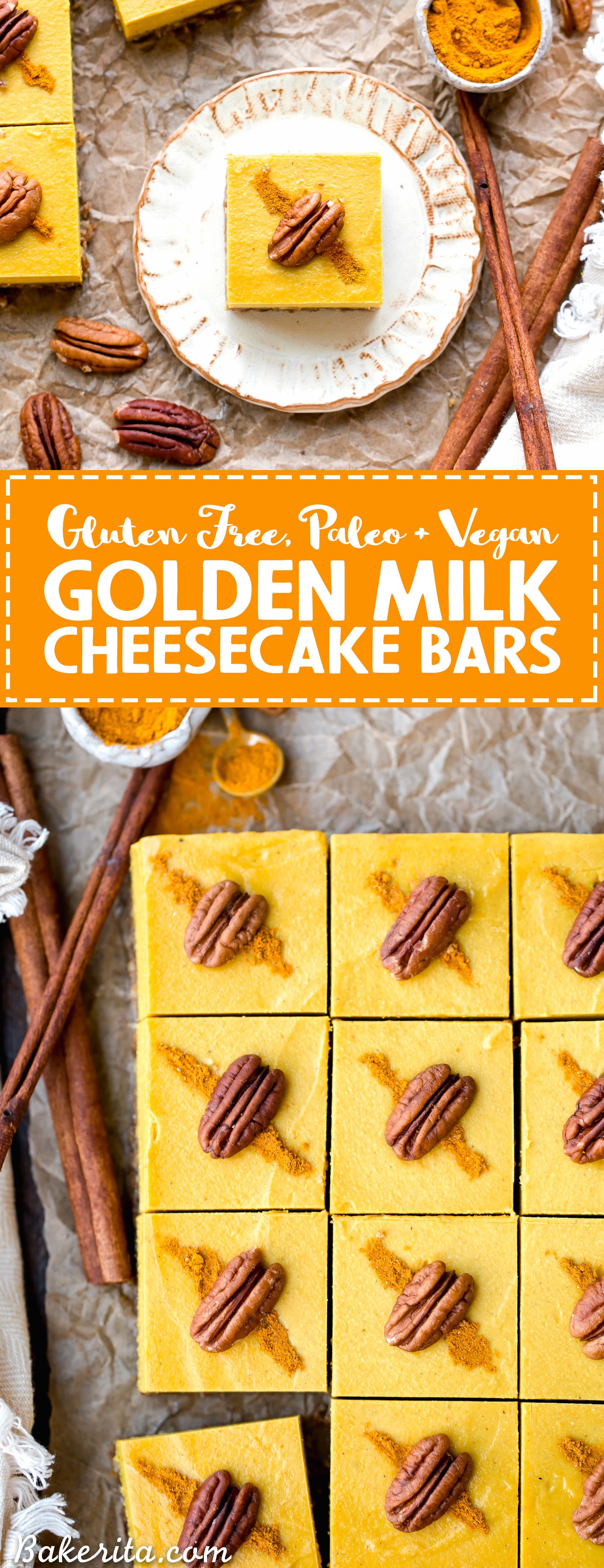 These No Bake Golden Milk Cheesecake Bars are a dessert that's loaded with the anti-inflammatory benefits of turmeric and the warmth and comfort of golden milk. They're deliciously spiced, gluten-free, paleo, vegan, and perfect for sharing.
