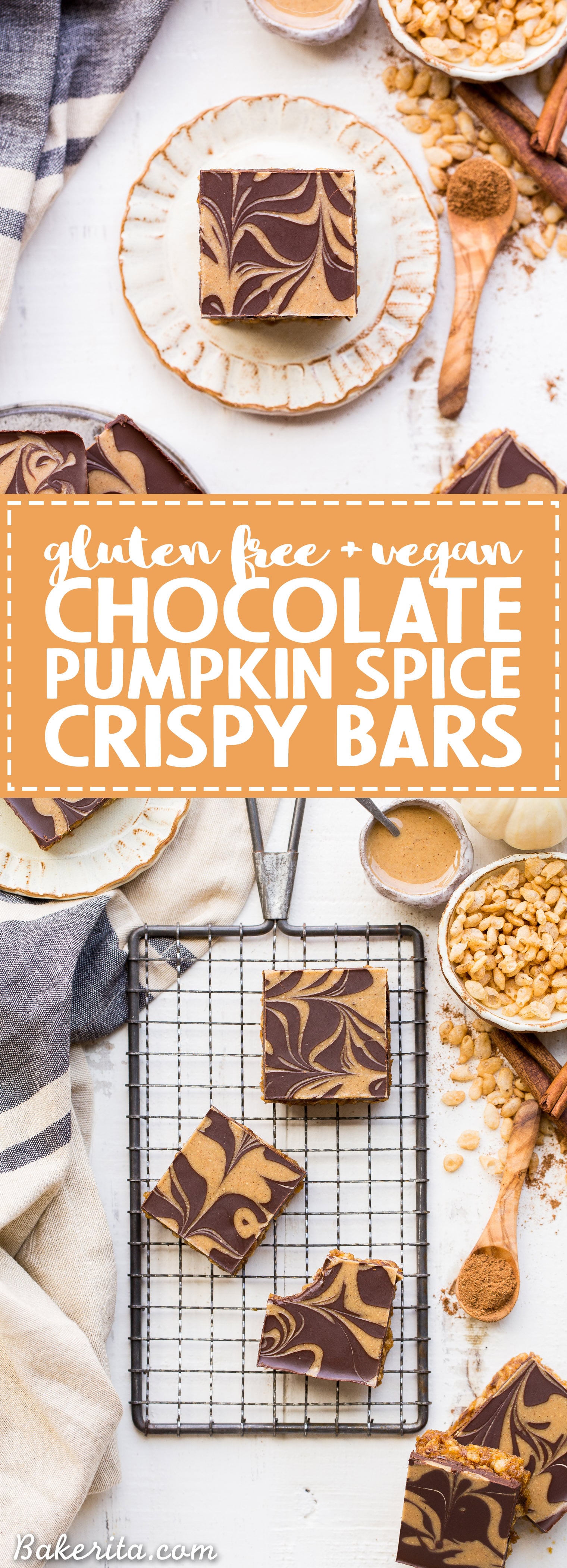 These Chocolate Pumpkin Spice Crispy Bars have a pumpkin spice rice crispy base, topped with a layer of dark chocolate and a pumpkin spice swirl. These bars are easy to make, beautiful, delicious, and gluten-free + vegan!