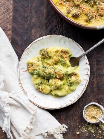 This Vegan Broccoli Gratin has a deliciously rich and "cheesy" sauce and is baked until golden brown on top. It's the perfect gluten-free and paleo side dish to serve with your Thanksgiving feast, or to enjoy any night of the week.