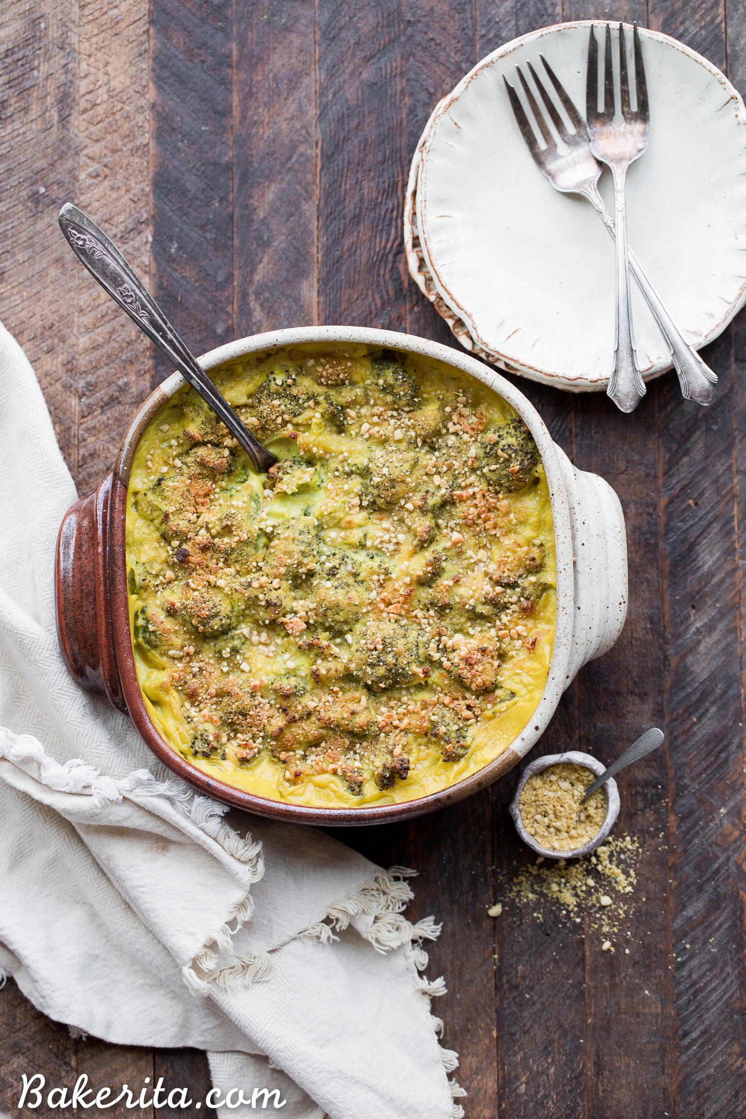 This Vegan Broccoli Gratin has a deliciously rich and "cheesy" sauce and is baked until golden brown on top. It's the perfect gluten-free and paleo side dish to serve with your Thanksgiving feast, or to enjoy any night of the week.