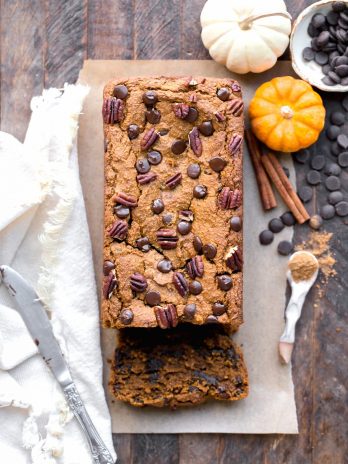 This Chocolate Chip Vegan Pumpkin Bread is quick and easy to make in one bowl! It's warm and flavorful with lots of pumpkin pie spice and full of gooey chocolate chips. This gluten-free, refined sugar-free, and vegan pumpkin bread makes a perfect breakfast or snack!