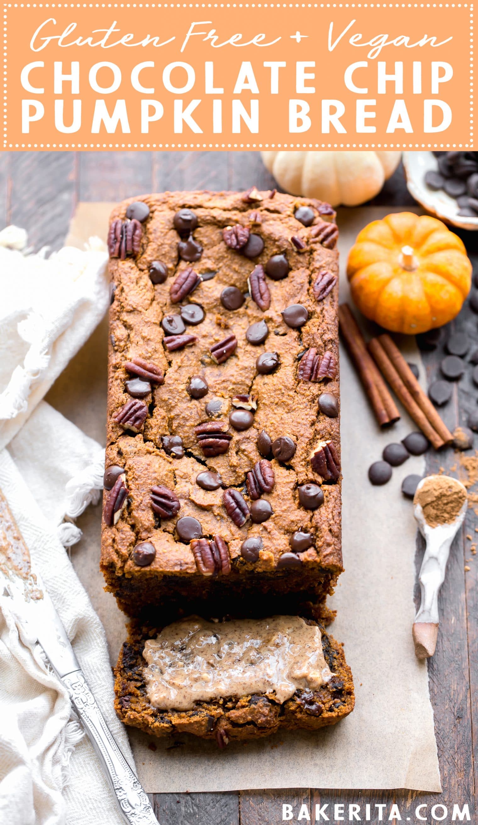 This Chocolate Chip Vegan Pumpkin Bread is quick and easy to make in one bowl! It's warm and flavorful with lots of pumpkin pie spice and full of gooey chocolate chips. This gluten-free, refined sugar-free, and vegan pumpkin bread makes a perfect breakfast or snack!