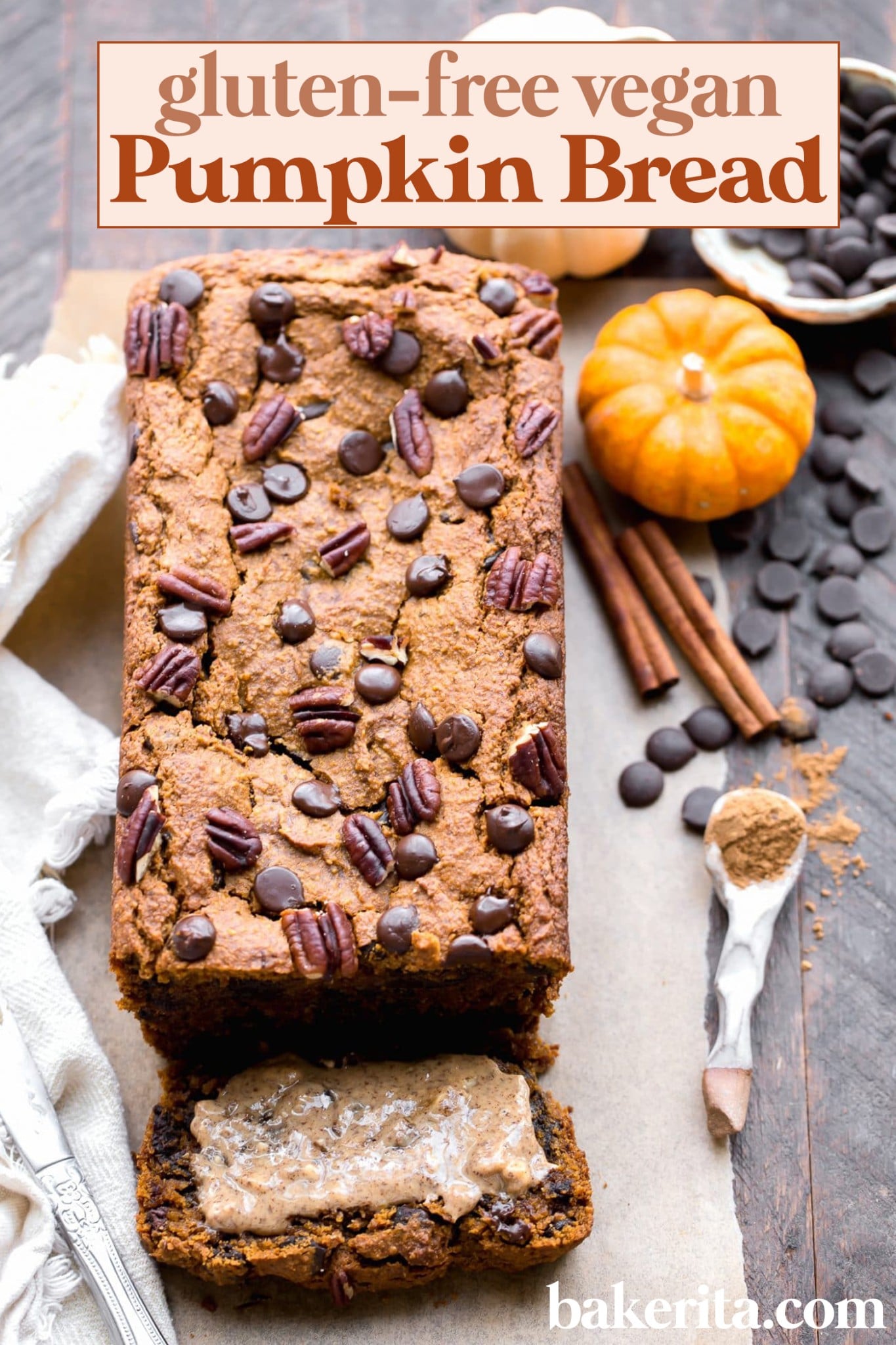 This Chocolate Chip Vegan Pumpkin Bread is quick and easy to make in one bowl! It's warm and flavorful with lots of pumpkin pie spice and chocolate chips. This gluten-free, refined sugar-free, and vegan pumpkin bread makes a perfect breakfast or snack!