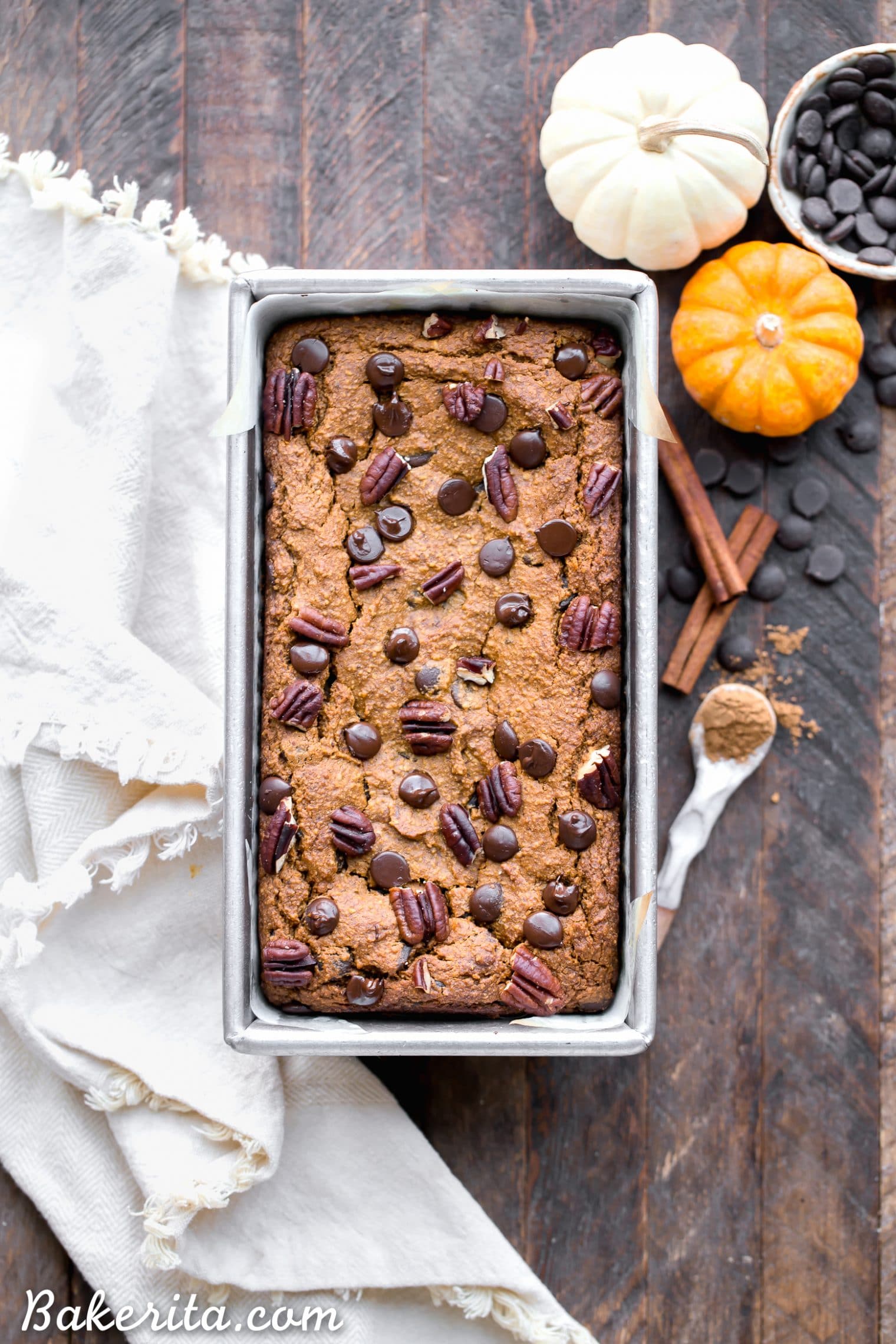 This Chocolate Chip Vegan Pumpkin Bread is quick and easy to make in one bowl! It's warm and flavorful with lots of pumpkin pie spice and full of gooey chocolate chips. This gluten-free, refined sugar-free, and vegan pumpkin bread makes a perfect breakfast or snack!