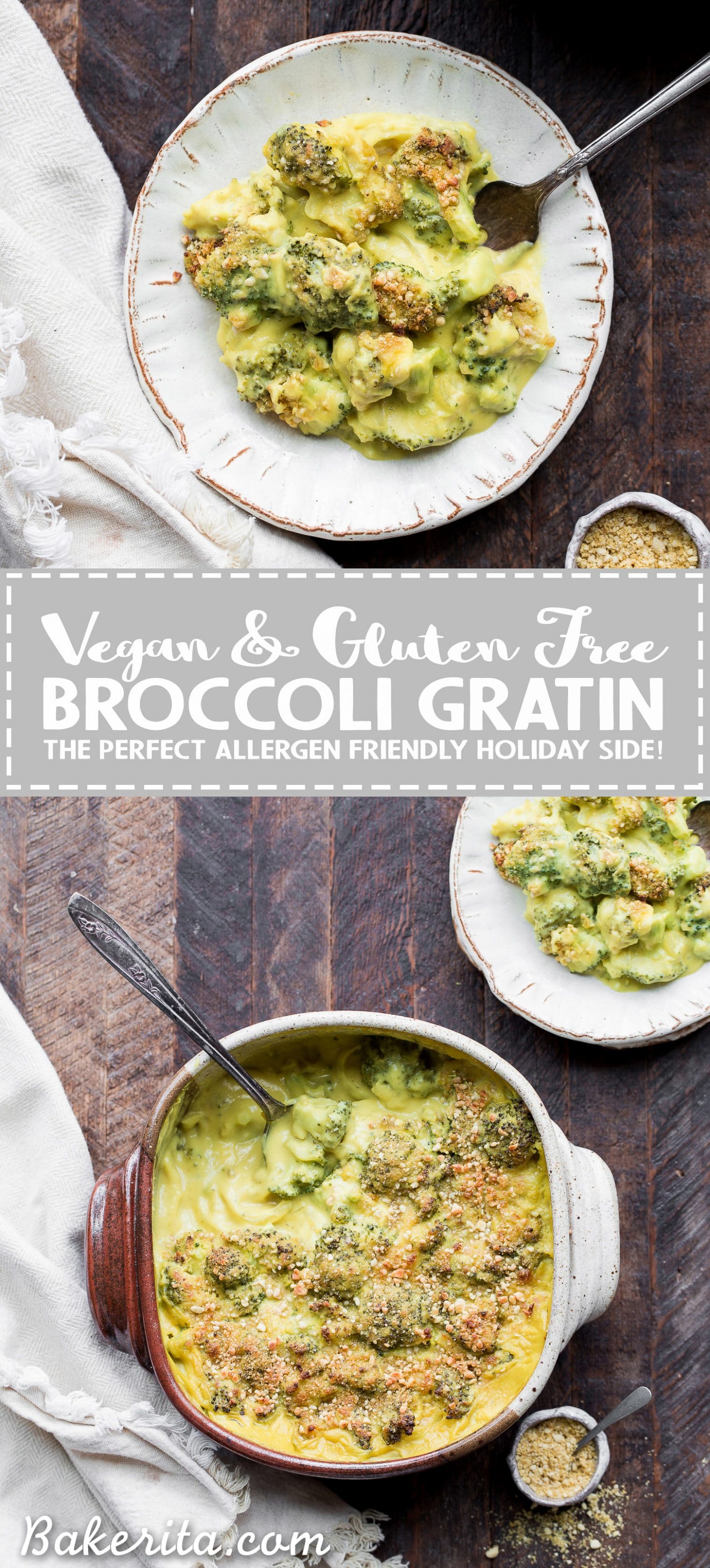This Vegan Broccoli Gratin has a deliciously rich and "cheesy" sauce and is baked until golden brown on top. It's the perfect gluten-free and paleo side dish to serve with your Thanksgiving feast, or to enjoy any night of the week.