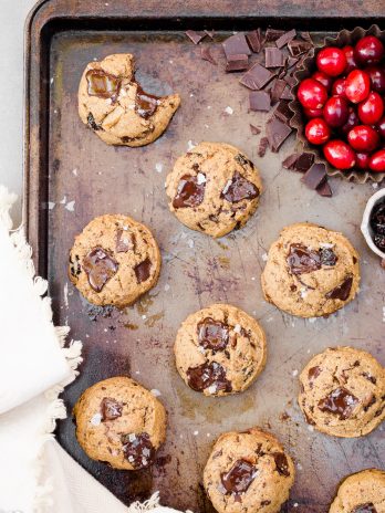 These Cranberry Pecan Chocolate Chip Cookies are gooey in the middle with perfectly crispy edges. Think: your favorite chocolate chip cookie, dressed up with dried cranberries and toasty pecans. I recommend devouring one of these gluten-free, paleo, and vegan cookies warm from the oven.