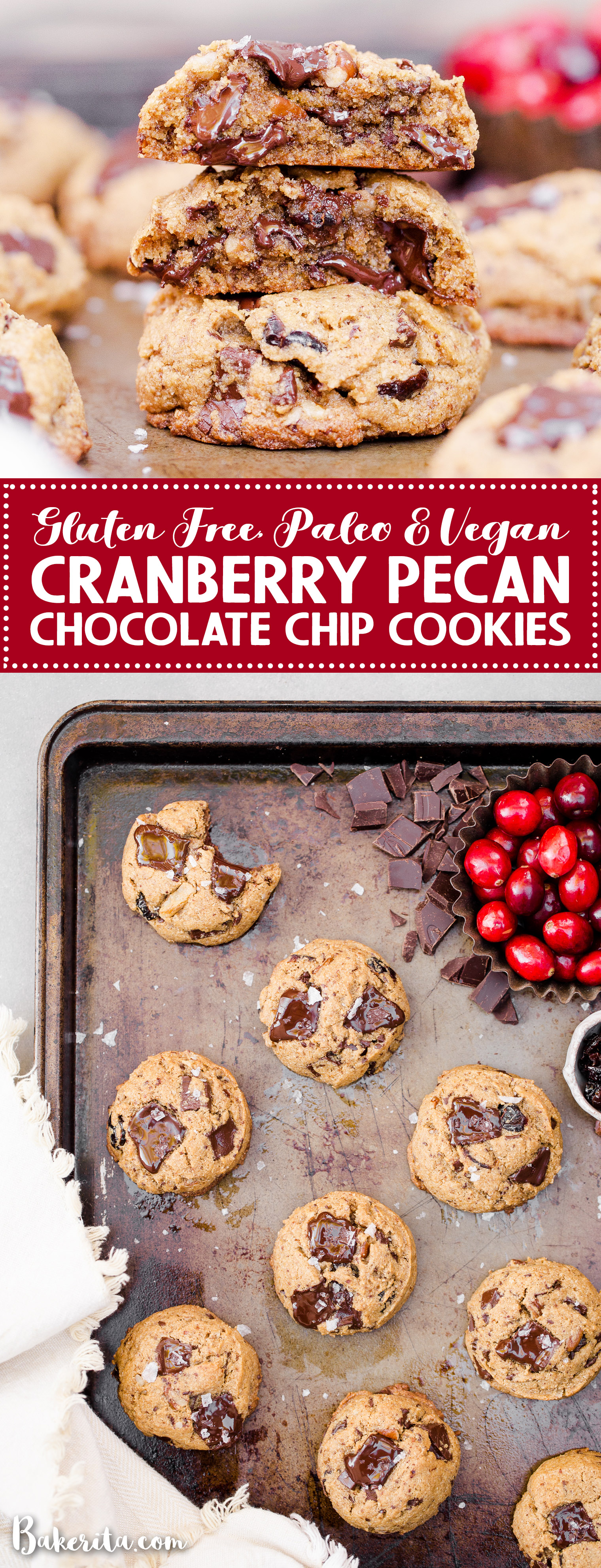 These Cranberry Pecan Chocolate Chip Cookies are gooey in the middle with perfectly crispy edges. Think: your favorite chocolate chip cookie, dressed up with dried cranberries and toasty pecans. I recommend devouring one of these gluten-free, paleo, and vegan cookies warm from the oven.