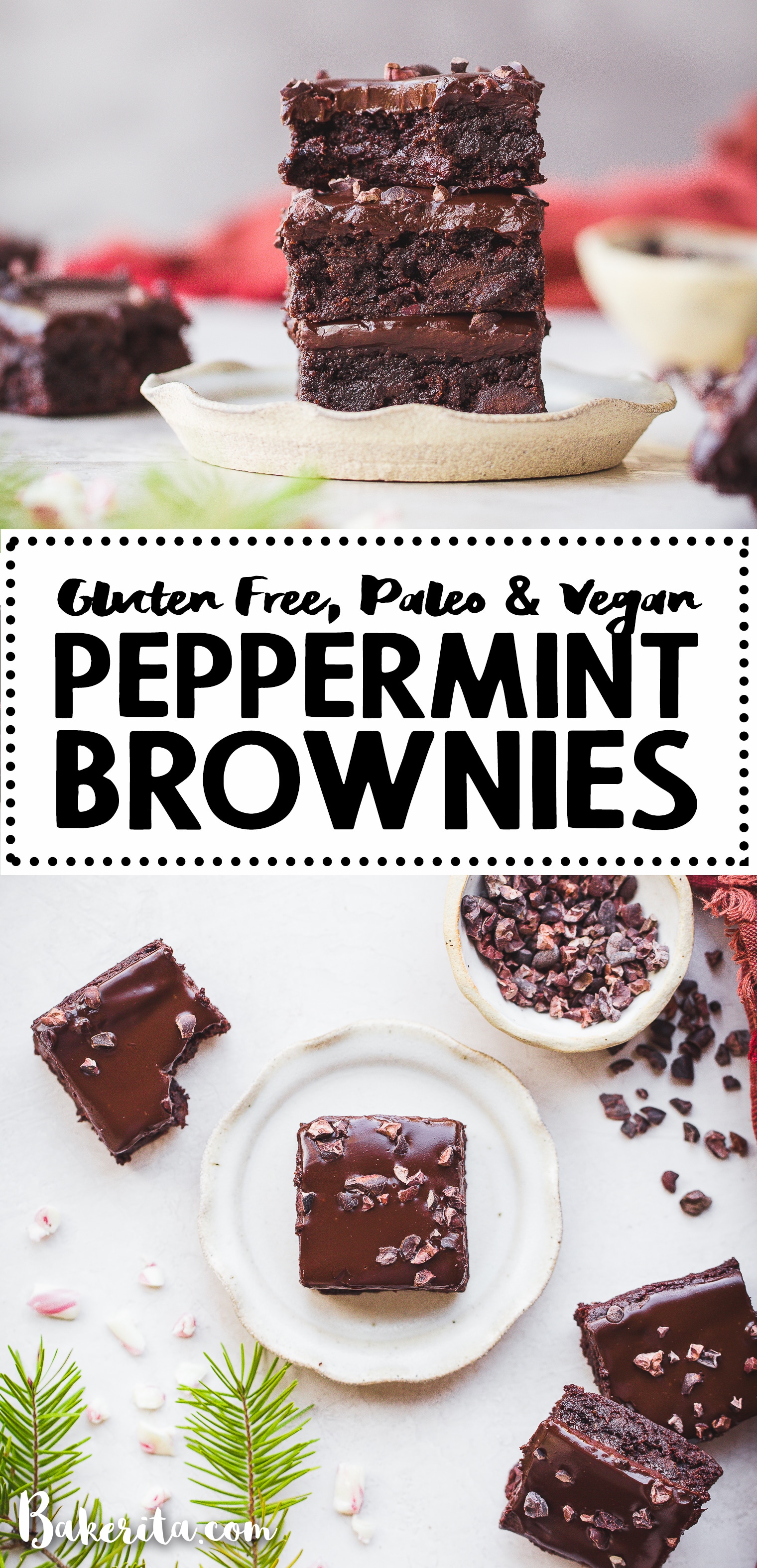 These Peppermint Brownies are so rich & fudgy, flavored with pure peppermint extract, and topped with luscious dark chocolate ganache. The paleo & vegan brownies are full of dark chocolate chips and cacao nibs.