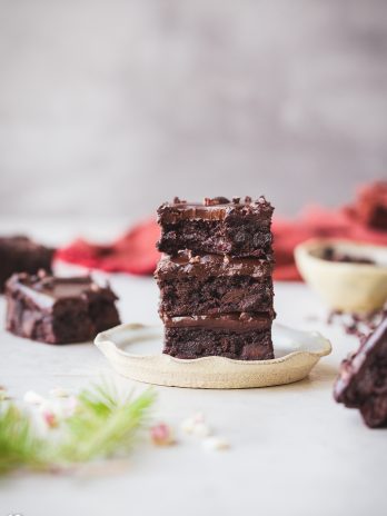These Peppermint Brownies are so rich & fudgy, flavored with pure peppermint extract, and topped with luscious dark chocolate ganache. The paleo & vegan brownies are full of dark chocolate chips and cacao nibs.