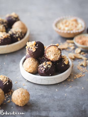 Peanut Butter Coconut Truffles are made with just 6 simple ingredients and are infinitely customizable to your tastes! With a thin chocolate coating and a melt-in-your-mouth texture, these gluten-free, vegan, and keto truffles will become your new favorite snack or dessert.