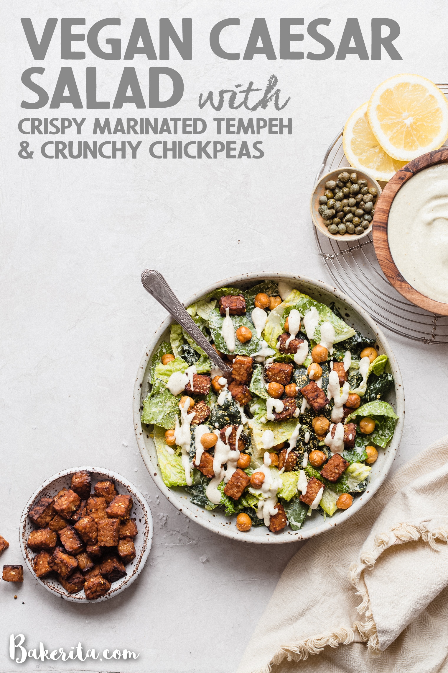 Serve this Vegan Caesar Salad with Crispy Tempeh & Crunchy Chickpeas for lunch or dinner - it's delicious anytime! The crispy marined tempeh is incredibly flavorful and filling and the chickpeas add lots of crunch. 