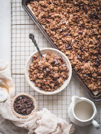 This Easy Chocolate Granola is a simple, gluten-free and vegan recipe that's made with just 8 ingredients! It's perfect served with dairy-free milk, sprinkled over yogurt, or eaten by the handful.