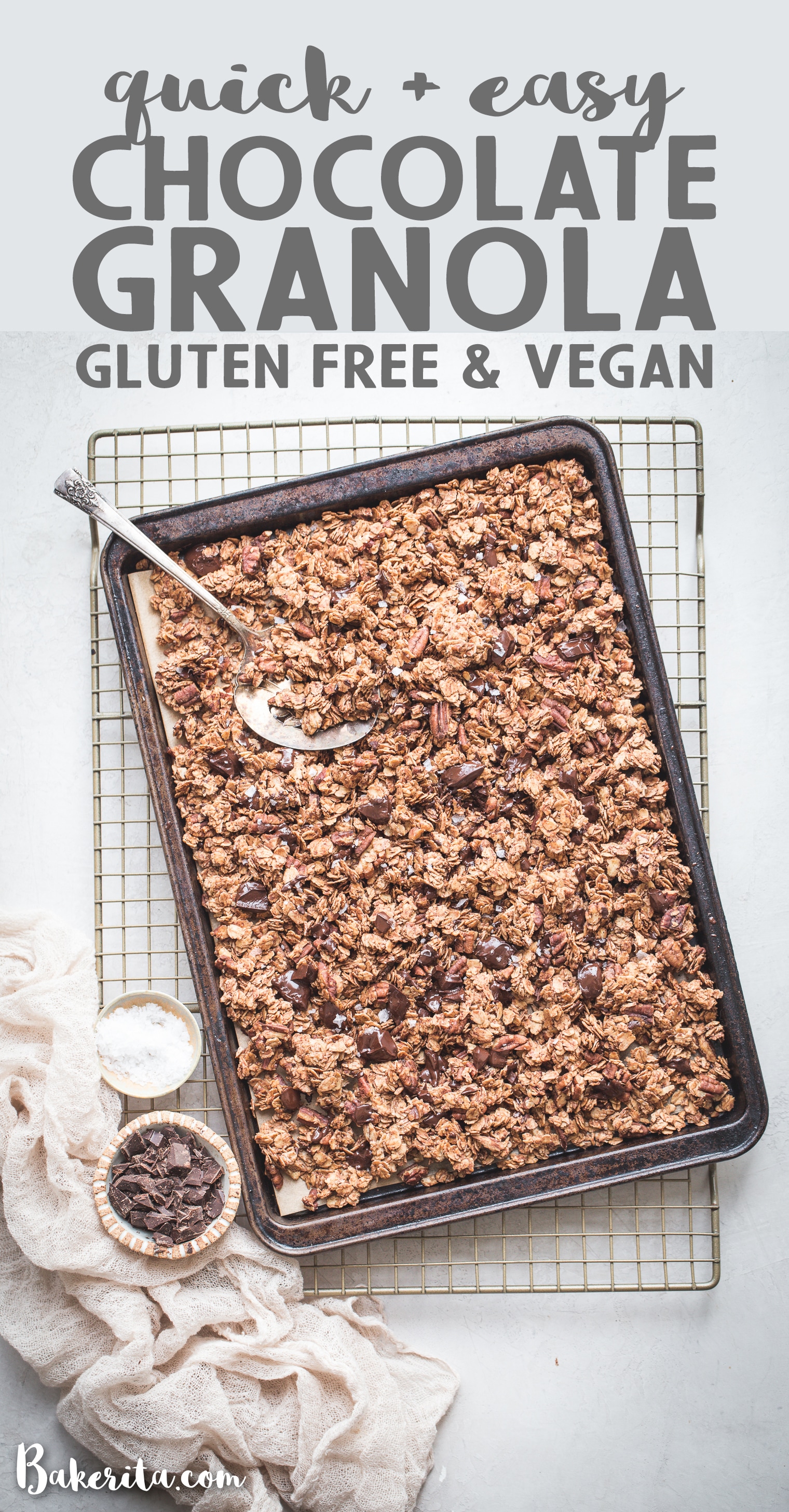 This Easy Chocolate Granola is a simple, gluten-free and vegan recipe that's made with just 8 ingredients! It's perfect served with dairy-free milk, sprinkled over yogurt, or eaten by the handful.
