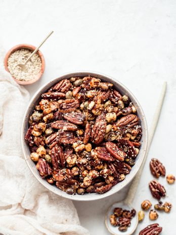This Sesame Tamari Pecan Snack Mix is a deliciously crunchy snack that's bursting with sweet, savory, and umami flavors. It's gluten-free and vegan!