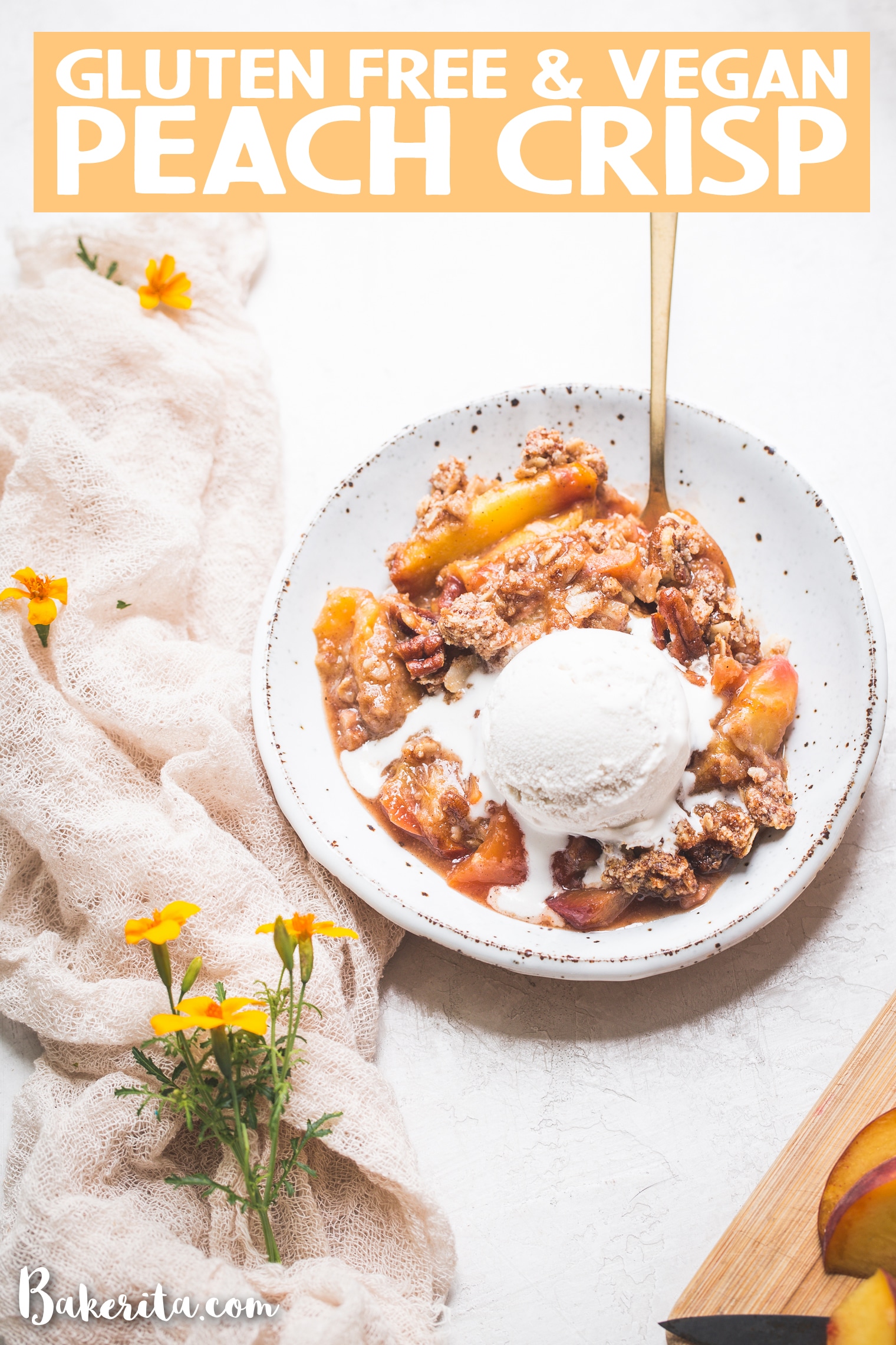 This Gluten-Free & Vegan Peach Crisp recipe is a summer staple! Scented with cinnamon and baked until bubbly, the fresh peaches are perfectly complemented by the pecan crisp topping. Top with a scoop of ice cream for the perfect dessert!