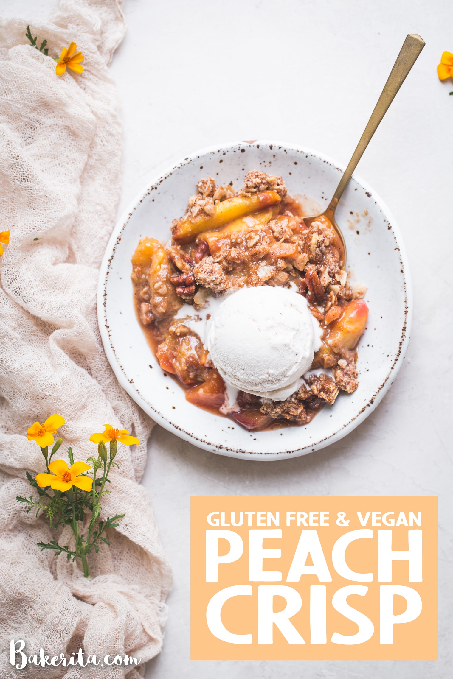 This Gluten-Free & Vegan Peach Crisp recipe is a healthy summer staple! The fresh peaches are baked until bubbling and perfectly complemented by the pecan oatmeal topping. Top with a scoop of ice cream for the perfect dessert or with plain yogurt for a healthy breakfast.