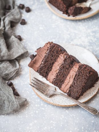 Paleo Chocolate Cake with Vegan Chocolate Ganache Frosting - a quick and easy cake recipe with a simple 2-ingredient frosting! This layer cake is gluten-free, paleo, dairy-free, and vegan, and it tastes as decadent as your favorite chocolate cake.