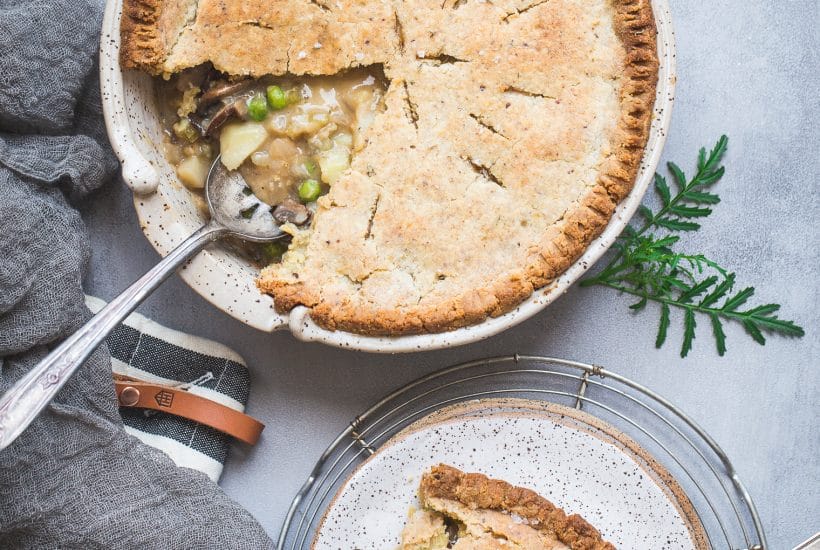 This Vegan Pot Pie has a scrumptious flaky gluten-free & paleo crust and the creamy filling is absolutely loaded with vegetables! This hearty, filling meal is perfect for chilly days and freezes well.